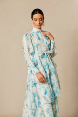 Blue Lace Trim Stand-Collar Dress With Layered Ruffles