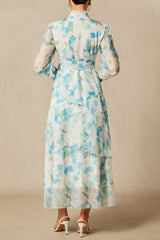 Blue Lace Trim Stand-Collar Dress With Layered Ruffles