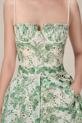 Green Floral Embroidered Halter Dress
