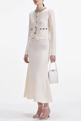 Cream Embellished Cardigan Skirt Set