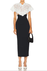Lace Patchwork Shawl Bodycon Midi Dress in Black