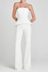3D Flower Top Pants Set in White