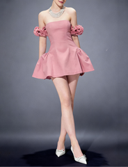 Flower Puffy Mini Dress in Pink