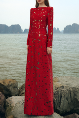 Rhinestone Boat Neck Floral Hollow Lasercut Maxi Dress - Red