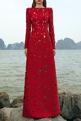 Rhinestone Boat Neck Floral Hollow Lasercut Maxi Dress - Red