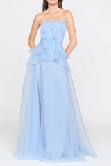 Off-Shoulder Flower Ruffle Maxi Dress - Blue
