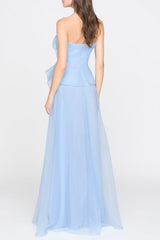 Off-Shoulder Flower Ruffle Maxi Dress - Blue