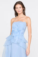 Off-Shoulder Flower Ruffle Maxi Dress - Blue
