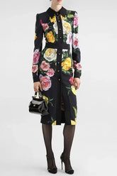 Rose Print Shirt Midi Dress in Black