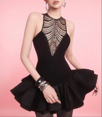 Sequin Ruched Hem Mini Dress in Black