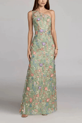 Green Floral One Shoulder Embroidered Maxi Dress