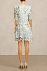 Floral Printed Lace Mini Dress in Sky Blue