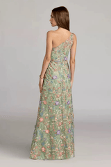 Green Floral One Shoulder Embroidered Maxi Dress