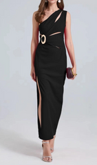 One-Shoulder Cutout Side Maxi Dress in Black