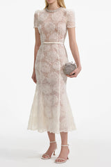 Lace Diamante Midi Dress in Beige