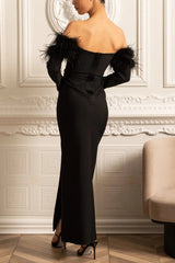 Sequin High Feather Adorned Maxi Dress - Black