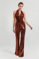 Brown Sequin Deep V High Waist Jumpsuit