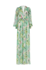 V Neck Floral Print Maxi Dress in Green