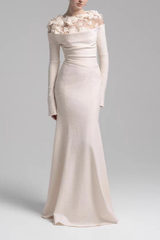 Sequin 3D Floral Sheer Shoulder Long Sleeve White Dress