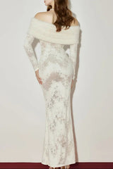 Off-Shoulder Fur Collar Long Sleeve Lace Maxi Dress in White