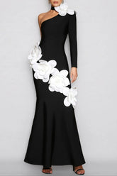 One Shoulder 3D Flower Bandage Maxi Dress in Black