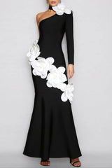 One Shoulder 3D Flower Bandage Maxi Dress in Black