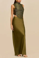 Sleeveless Turtleneck Paneled Top and Satin Skirt Set in Green