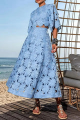 Lace Embroidered Top & Maxi Skirt Two-Piece Set in Blue