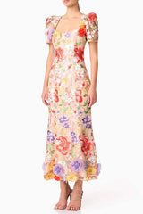 Square Neck Backless Mesh Embroidered Maxi Dress