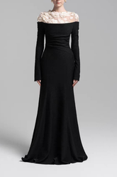 Sequin 3D Floral Sheer Shoulder Long Sleeve Black Dress
