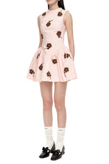 Flower Embellished Puffy Mini Dress in Pink