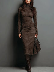 High Neck Long Sleeve Midi Dress