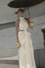 Stephanie Cutout Waist Halter Maxi Dress in Beige