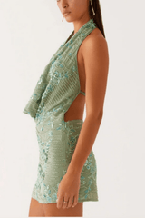 Green Embroidered Halter Mini Dress