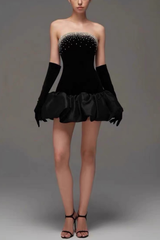 Crystal Embellished Black Dress With Voluminous Satin Hem