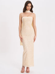 Gold Sequin Bodycon Gown with Scarf