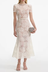 Lace Diamante Midi Dress in Beige