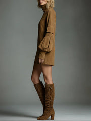 Sequin Turtleneck Mini Dress Made of Suede