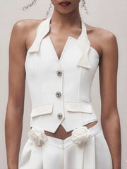 Halter Neck Vest Flower Embellished Pants Suit in Ivory