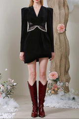 Black Lace V-Neck Asymmetry Mini Blazer Dress