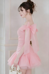 Off-Shoulder Mesh Mini Dress in Pink