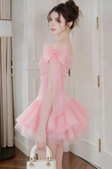 Off-Shoulder Mesh Mini Dress in Pink