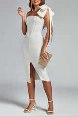 One-Shoulder Midi Dress in White