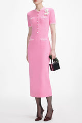 Pink Flower Knit Midi Dress