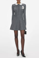 Grey Flower Collared Knit Mini Dress