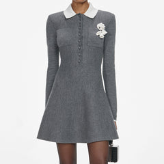 Grey Flower Collared Knit Mini Dress