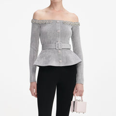Grey Knit Crystal Trim Top