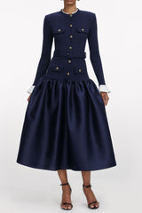 Navy Knit Taffeta Midi Dress