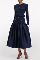 Navy Knit Taffeta Midi Dress