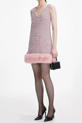 Pink Boucle Fur Hem Mini Dress